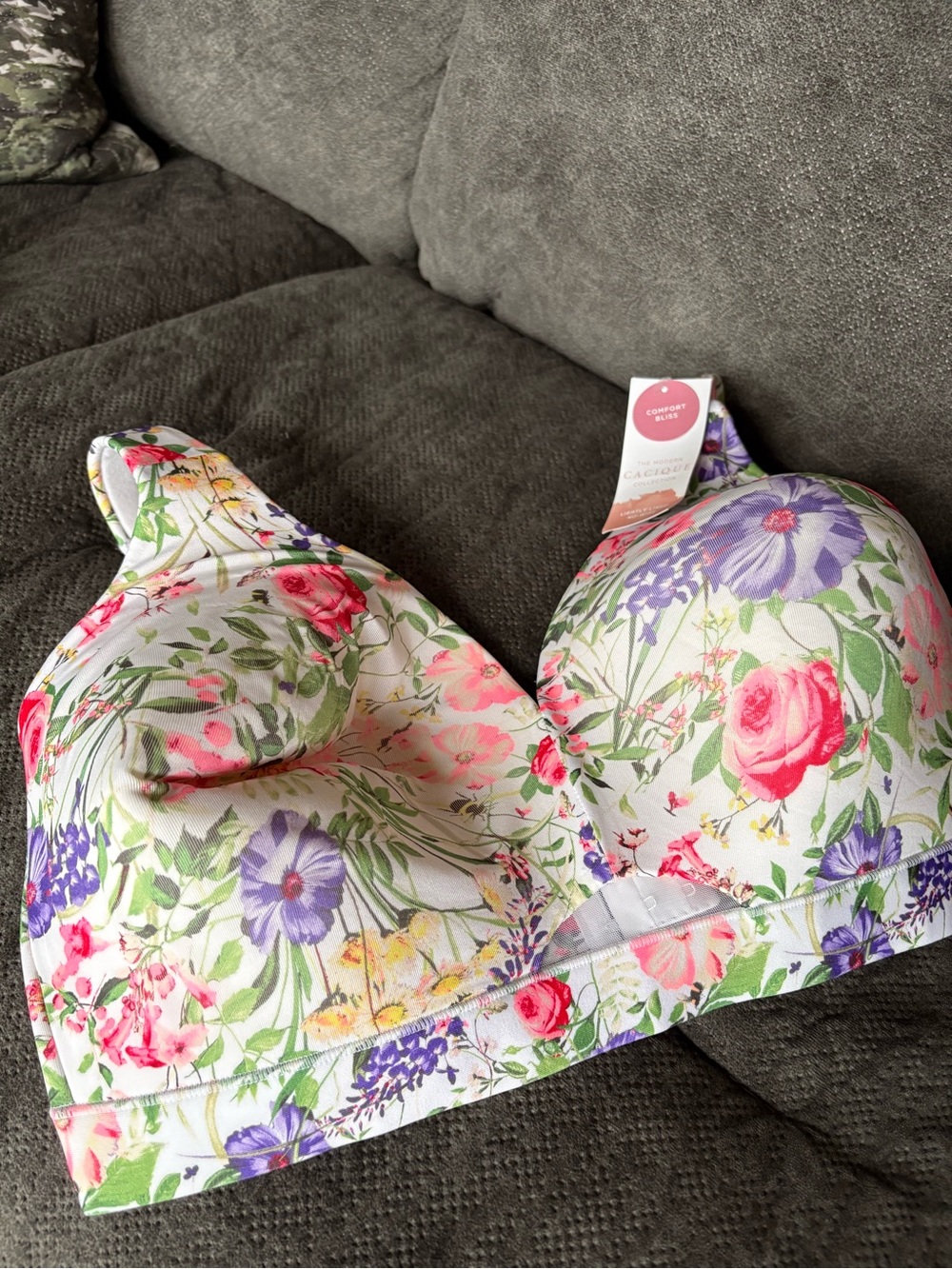 Cacique Floral Wireless Bra — White with Pink & Purple Flowers